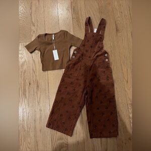 Rylee & Cru Brown Blossom Embroidered Corduroy Wide Leg Overalls Size 4/5Y NWT